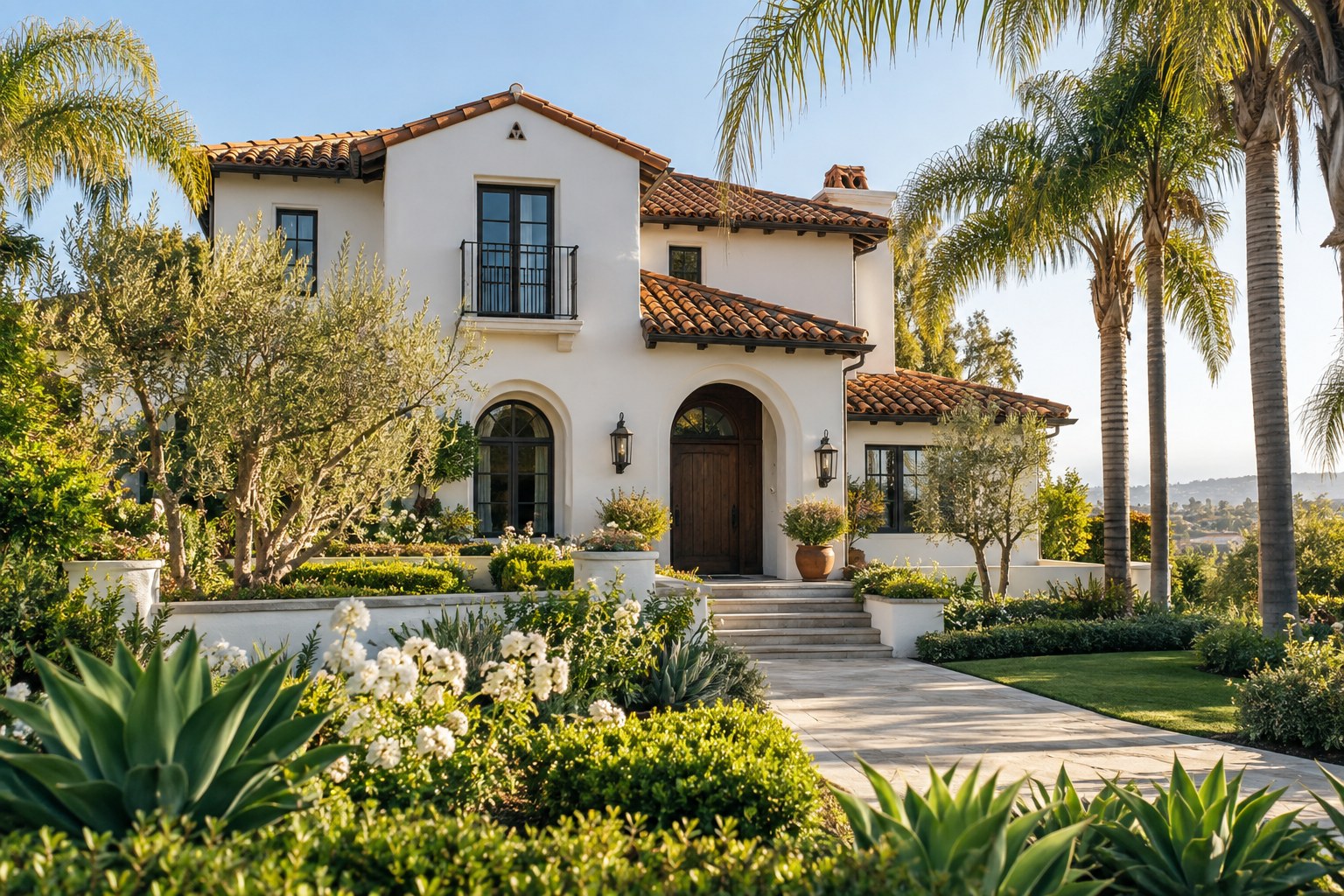 Sunlit Southern California home surrounded by a green garden